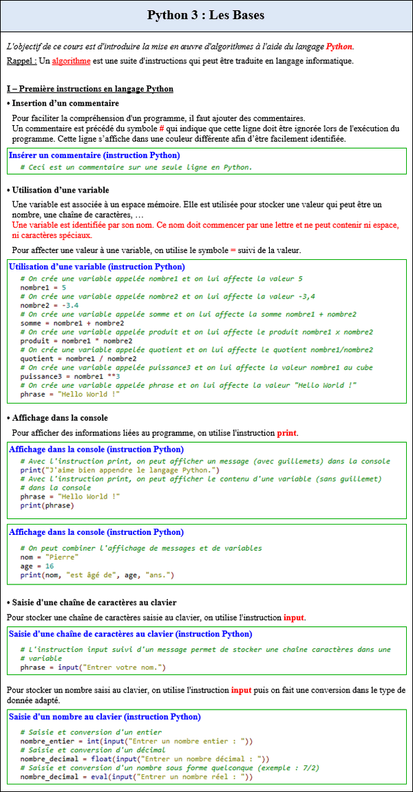 Cours python 3 - Les bases : commentaire, affichage, variable