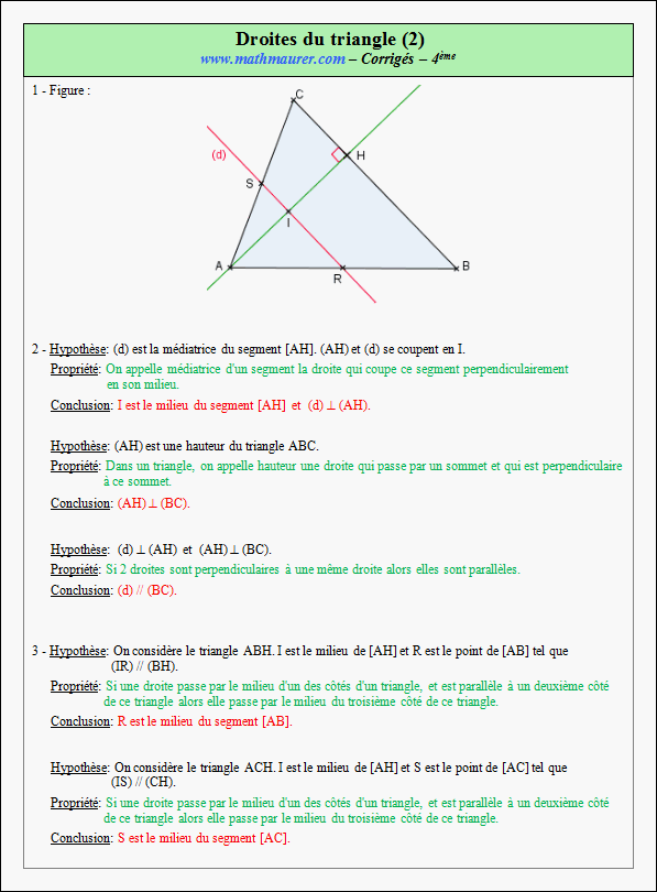 Exercices corrigés sur les droites remarquables du triangle en quatrième