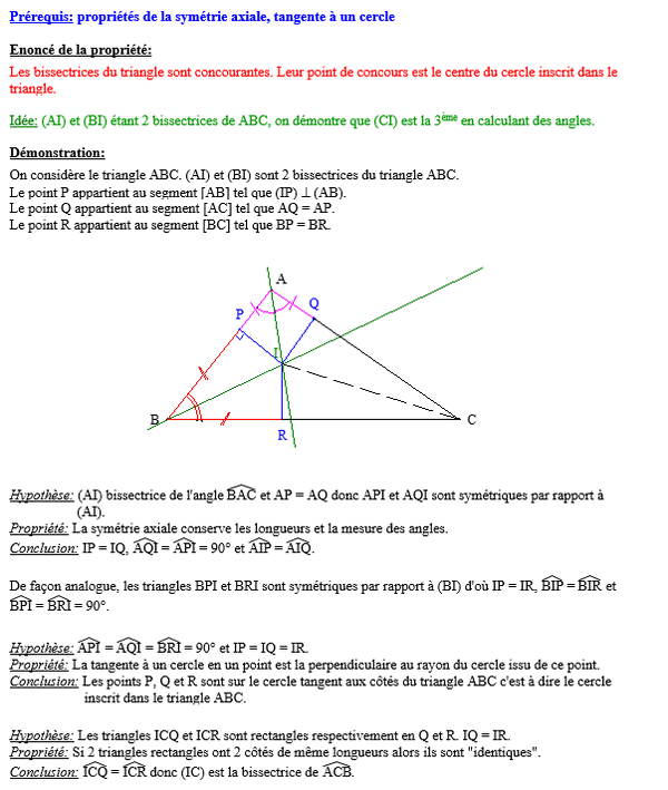 Démonstration : Les bissectrices du triangle sont concourantes