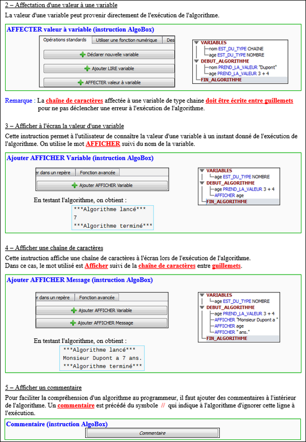 Algorithmique avec AlgoBox : Affectation et affichage