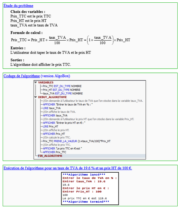 Corrigé Algobox : Calcul prix TTC