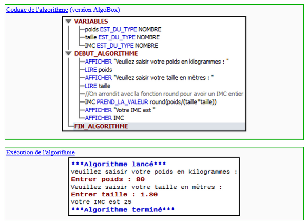 Corrigé Algobox : Calcul IMC