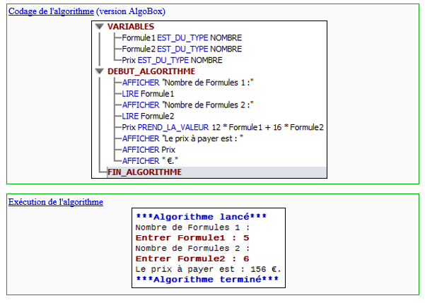 Corrigé Algobox : Prix des formules