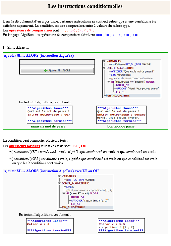 Algorithmique avec AlgoBox : instructions conditionnelles si alors - 