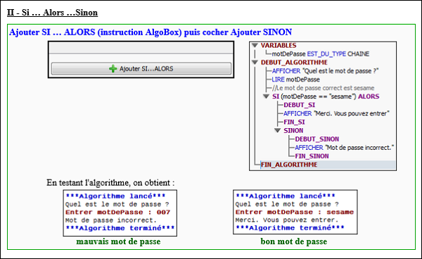 Algorithmique avec AlgoBox : instructions conditionnelles si alors sinon