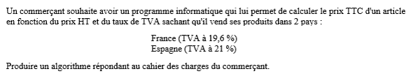 exercice algobox sur Choix de la TVA