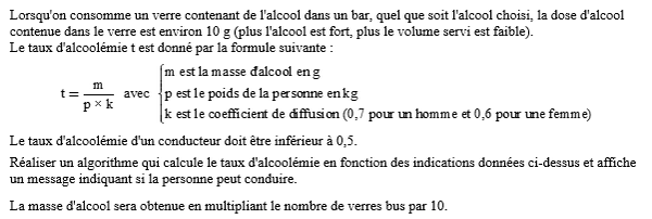 exercice algobox sur Alcool et conduite