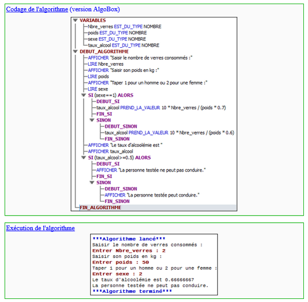 Corrigé Algobox : Alcool et conduite