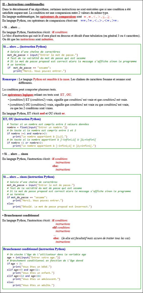 Cours python 3 - Instructions conditionnelles