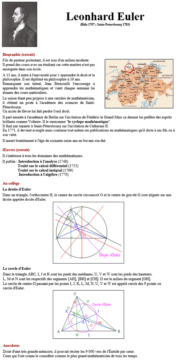 Biographie et principaux travaux du mathématicien Euler