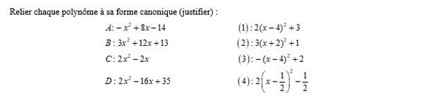 exercice sur Relier forme canonique et forme développée d'un polynôme du second degré