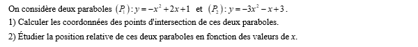 exercice sur Position relative de deux paraboles