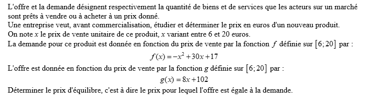 exercice sur Prix d'équilibre