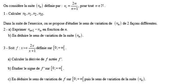 exercice sur Variations d'une suite à l'aide d'une fonction