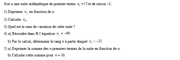 exercice sur Etude d'une suite arithmétique