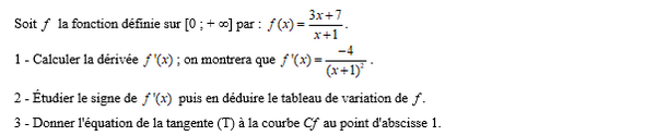 exercice sur Variations d'une fonction quotient