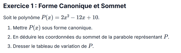 exercice sur Forme Canonique et Sommet