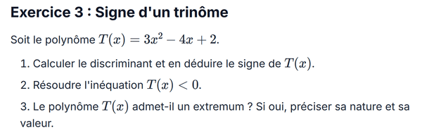 exercice sur Signe d'un trinôme