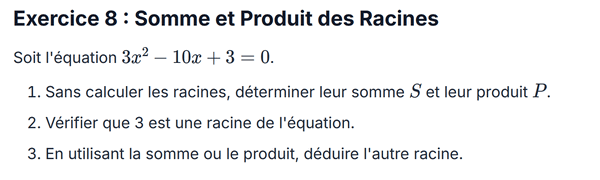 exercice sur Somme et Produit des Racines