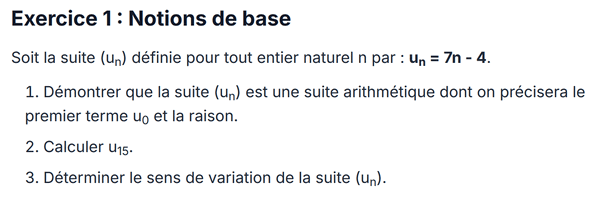 exercice sur Démontrer qu'une suite est arithmétique et étudier ses variations