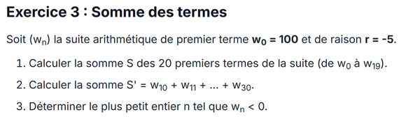 exercice sur Somme des termes