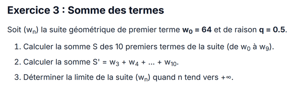 exercice sur Somme des termes