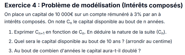 exercice sur Problème de modélisation (Intérêts composés)