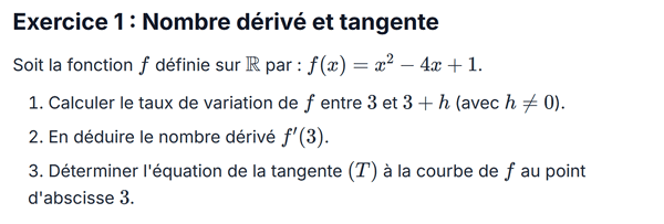exercice sur Nombre dérivé et tangente