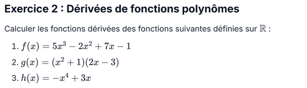 exercice sur Dérivées de fonctions polynômes