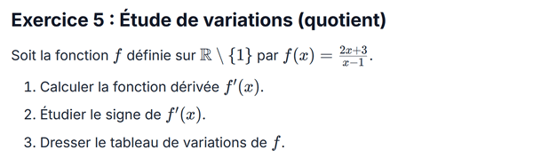 exercice sur Étude de variations (quotient)