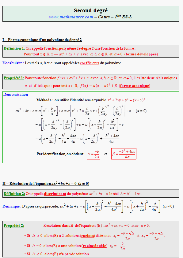 Cours sur le second degré - première ES - page 1