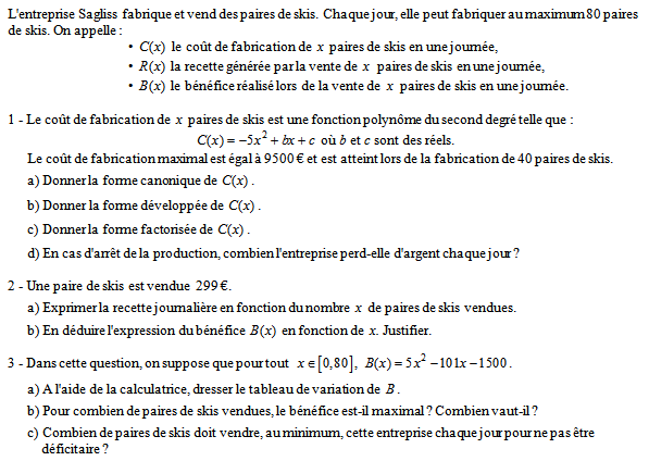 Exercice sur le second degré