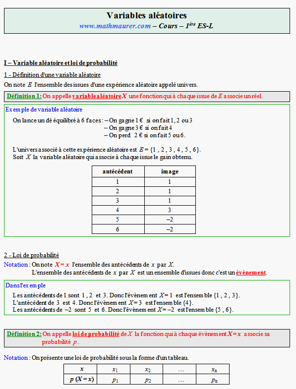 Cours sur les variables aléatoires - première ES - page 1