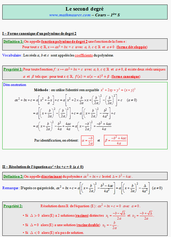 Cours sur le second degré - première S - page 1
