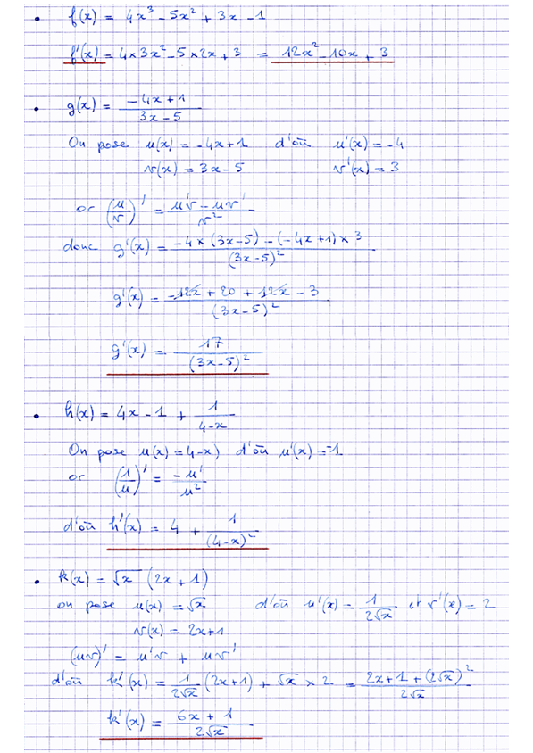 Corrigé exercice 2 sur la dérivation