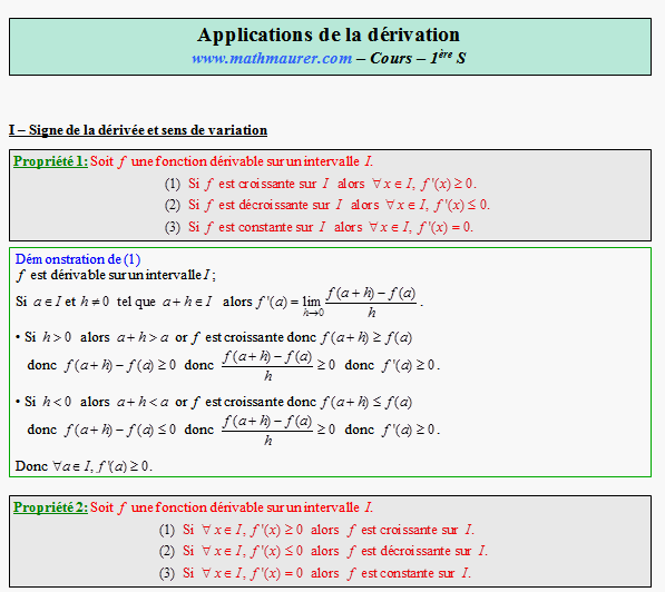 Cours sur les applications de la la dérivation - première S - page 1