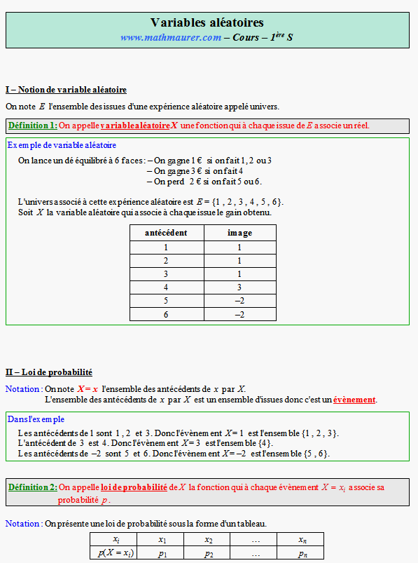 Cours sur les variables aléatoires - première S - page 1