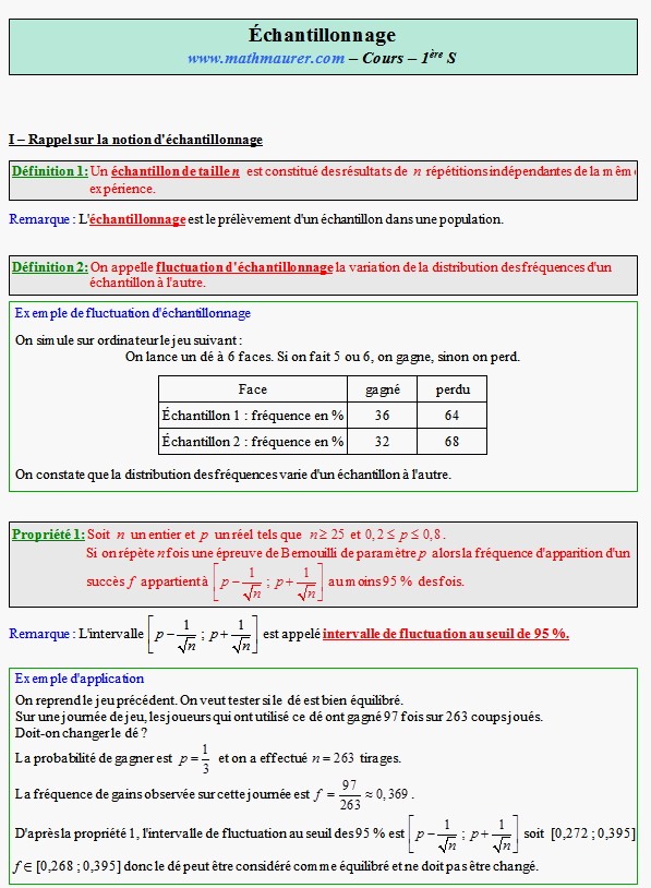Cours sur l'intervalle de fluctuation au seuil de 95 %  - première S - page 1