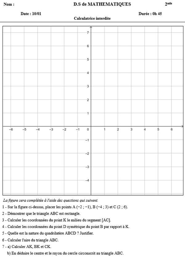 10/01 - Géométrie analytique : distances, milieu