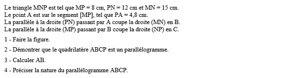 exercice sur Parallélogramme et Thalès