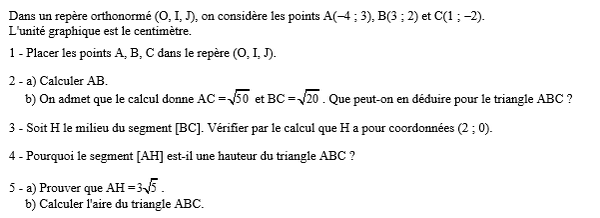 exercice sur Distances et Pythagore