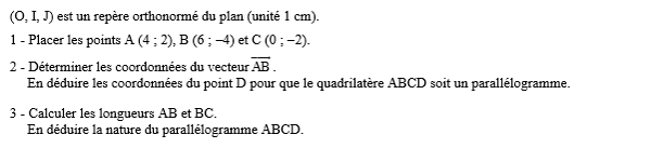 exercice sur Coordonnées d'un vecteur du plan