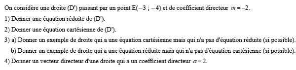 exercice sur Equation réduite, équation cartésienne