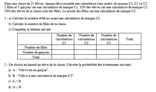 exercice sur Tableau de pourcentages