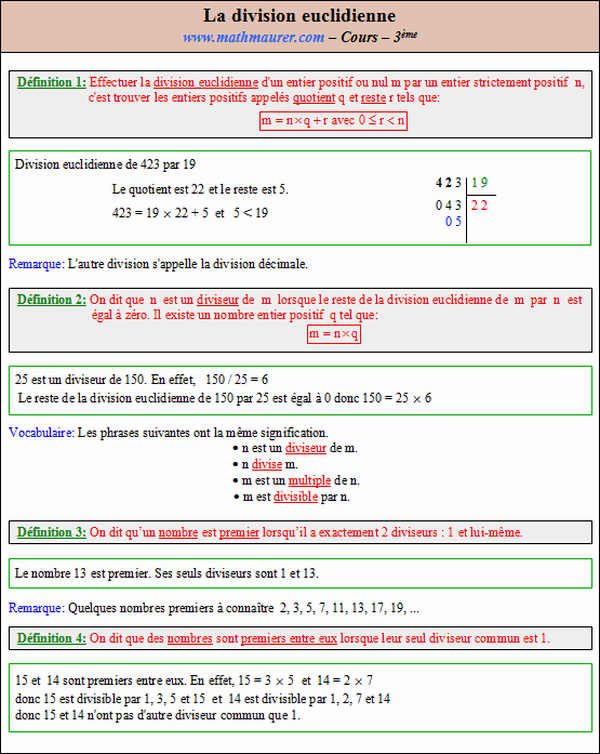 Maths troisième - Cours sur la division euclidienne