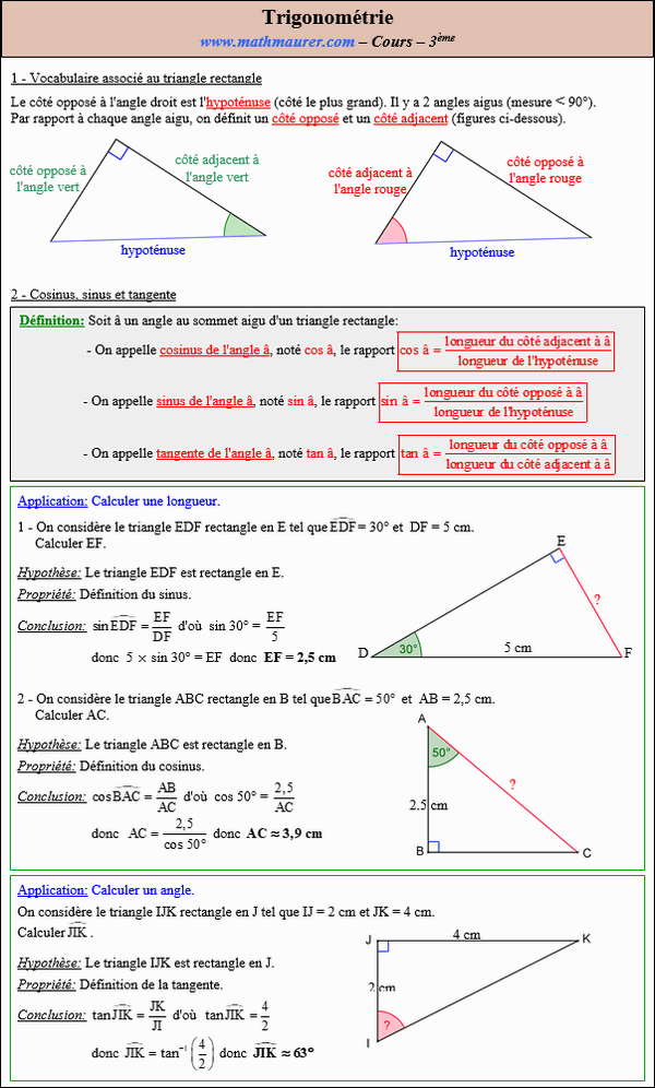 Maths troisième - Cours sur la trigonométrie