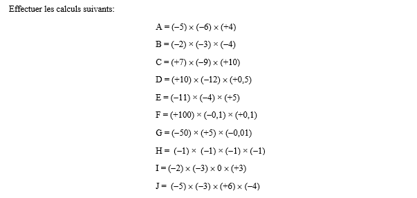 exercice sur Multiplier des nombres relatifs