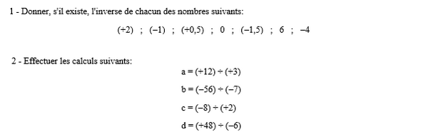 exercice sur Inverse d'un nombre relatif