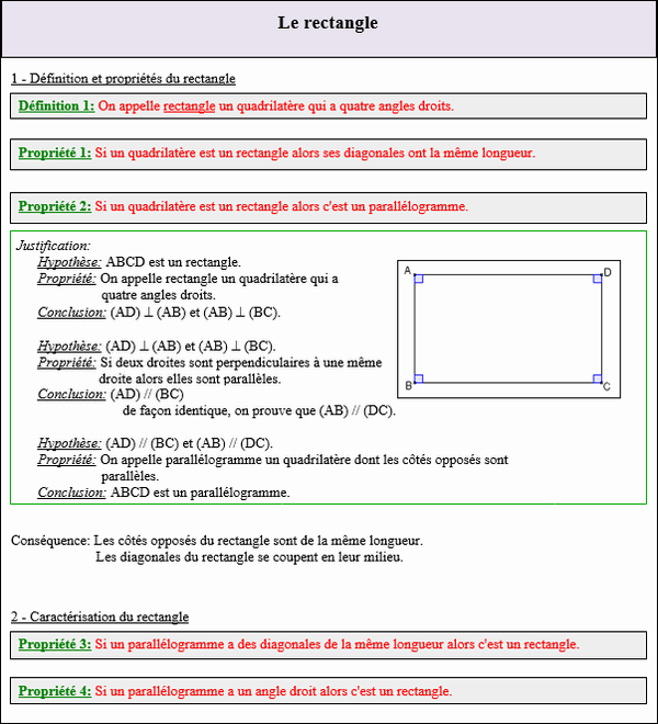 Maths cinquième - Définition et propriétés du rectangle
