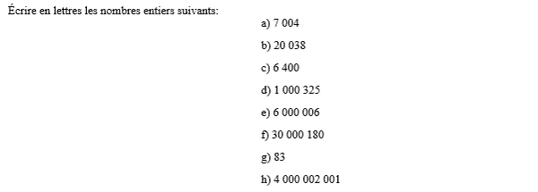 exercice sur Ecrire les nombres en lettres